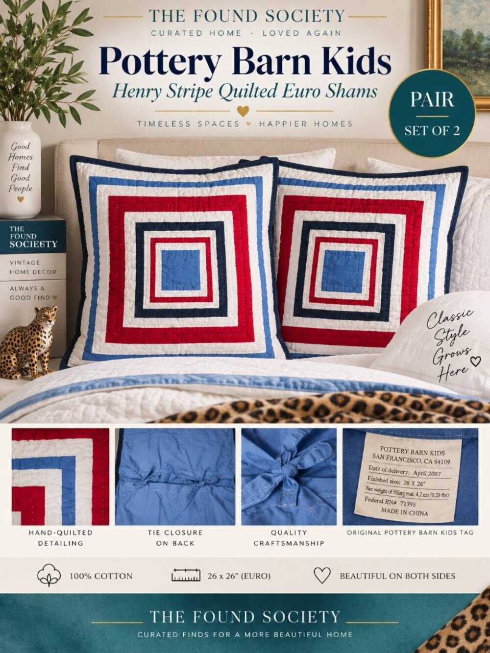 Pottery Barn Kids Henry Stripe Quilted Euro Shams 26x26 Set of 2